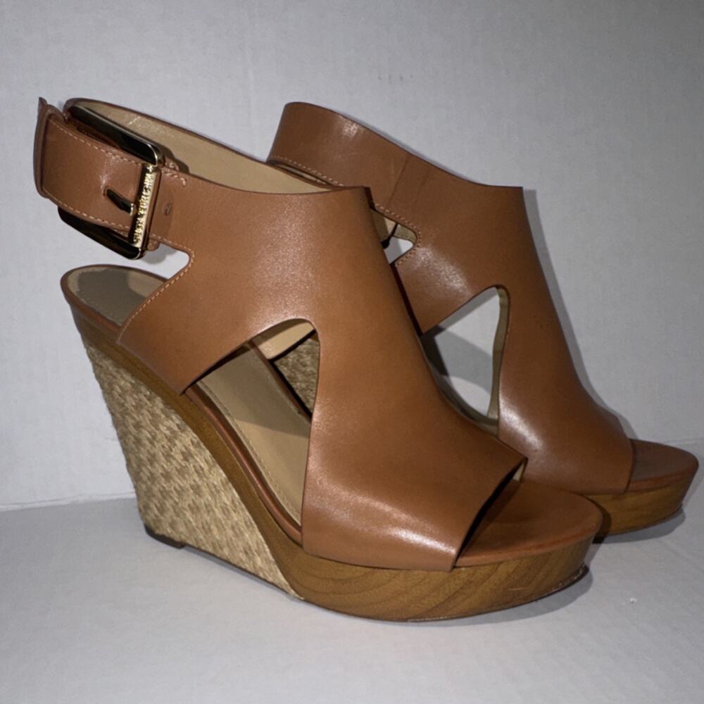 Michael Michael Kors Brown Leather Strappy Wedge Sandals Buckle Size 8M